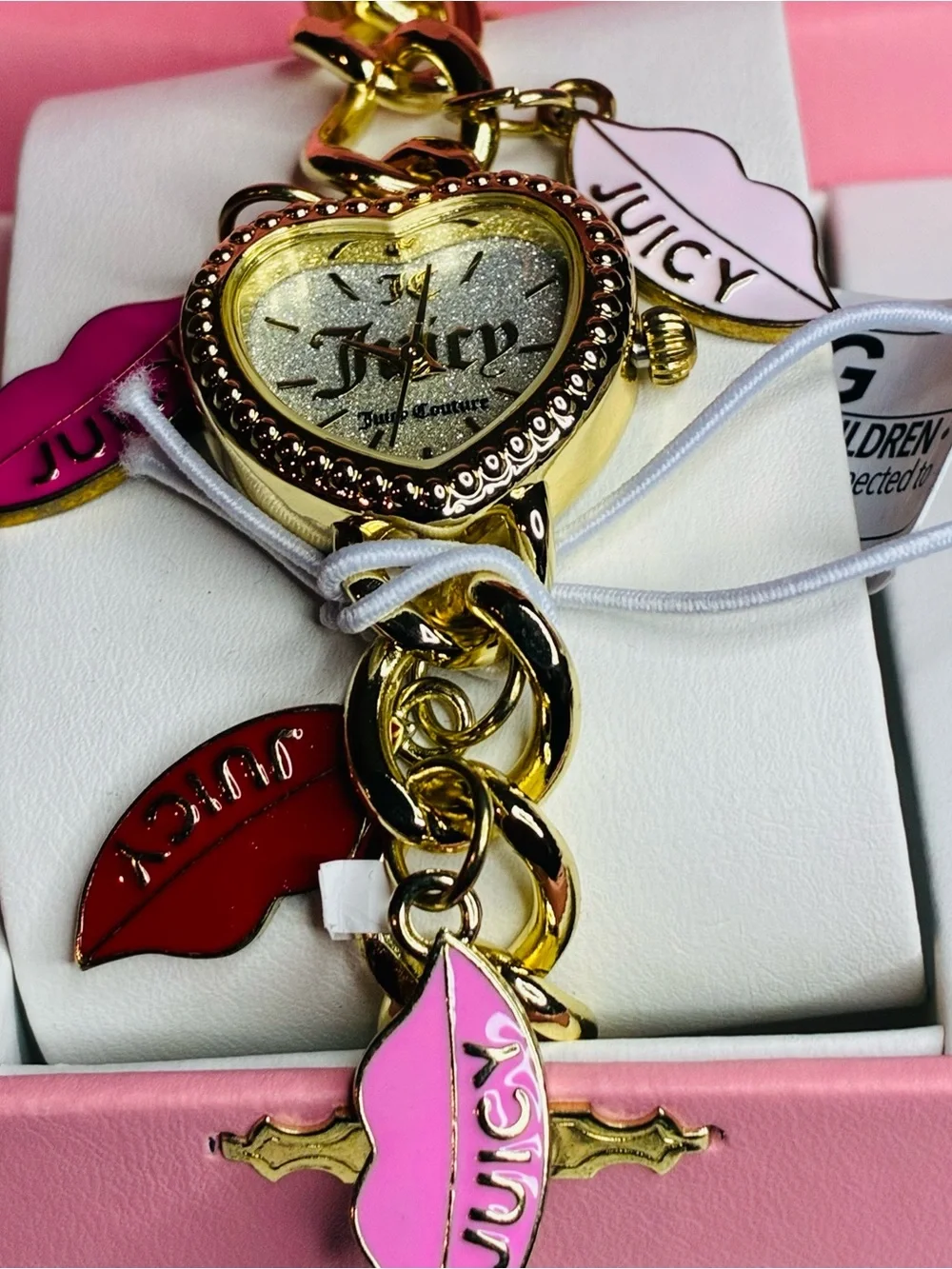 Juicy Couture Gold Heart Charm Watch with Pink Lip Charms